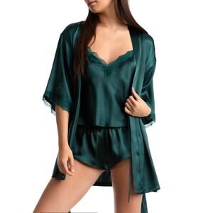 Linea Donatella Women's3 pc Flirty Gems Wrap Robe, Cami & Shorts Green Large NWT